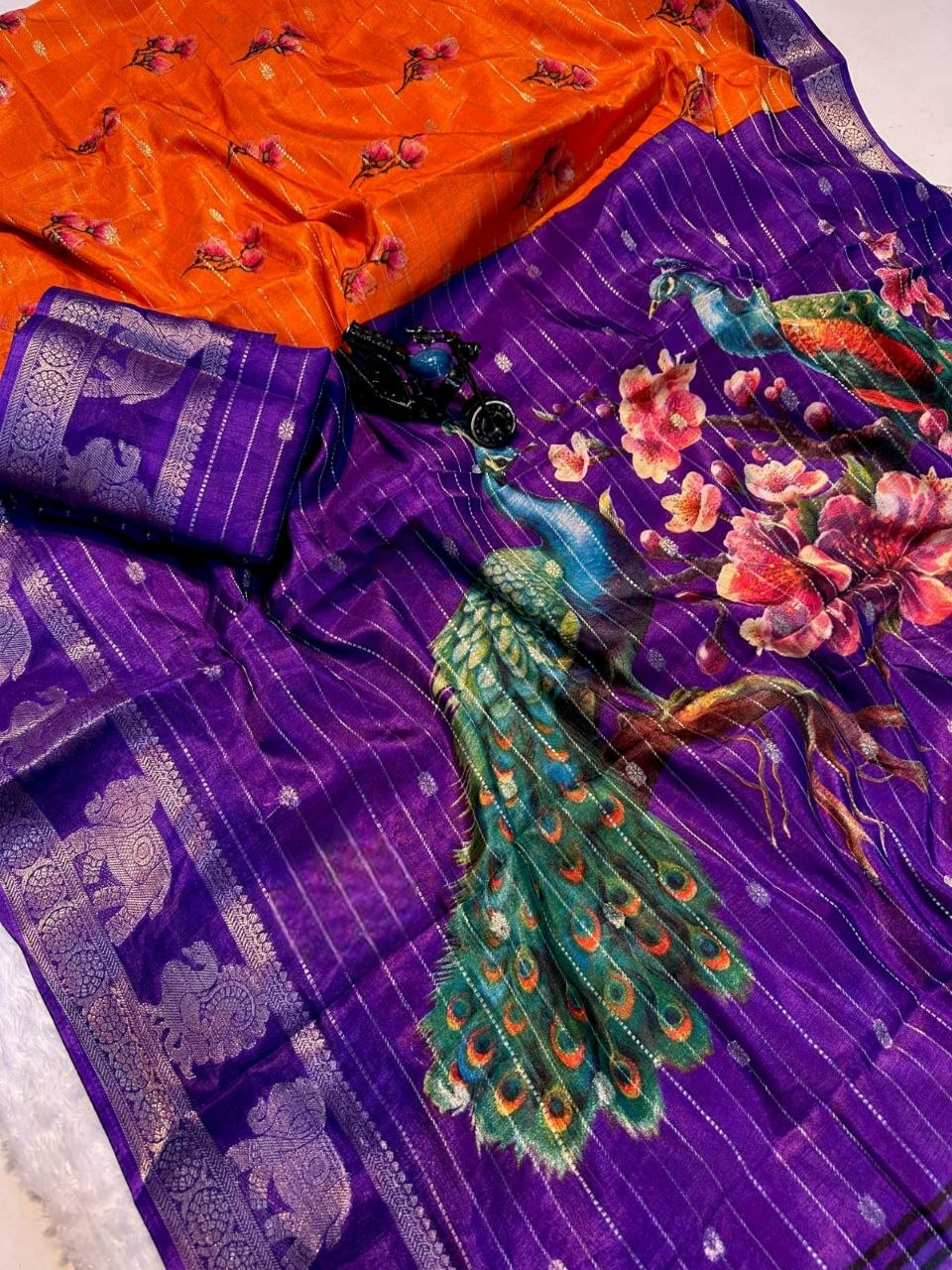 Rust Orange & Royal Purple with Elephant Temple Border and Floral Embroidery Kanchipuram Pure Silk Saree